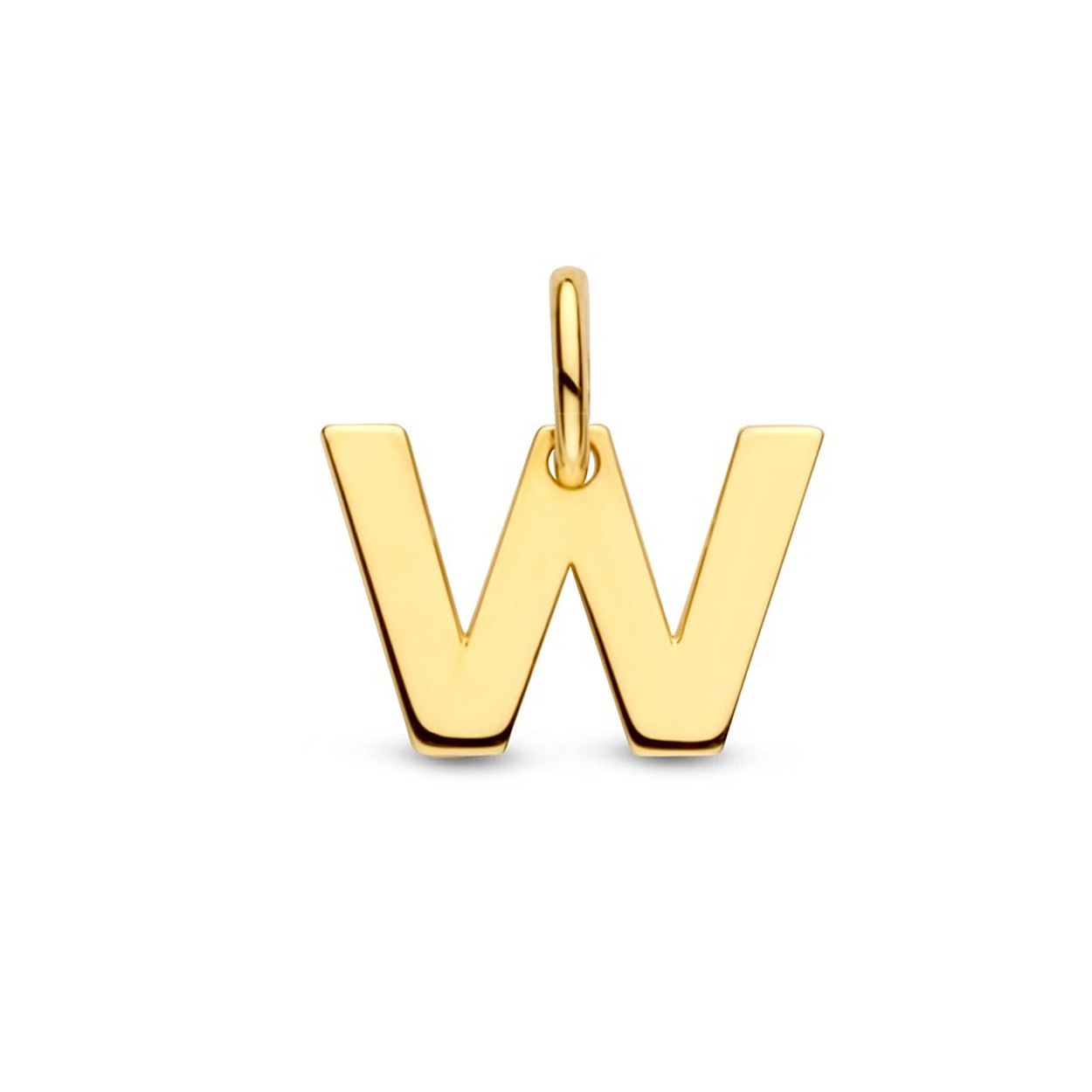 14k Geelgouden hanger uitgevoerd in de letter W. De hanger heeft een totale hoogte van 1cm en een breedte van 9mm.