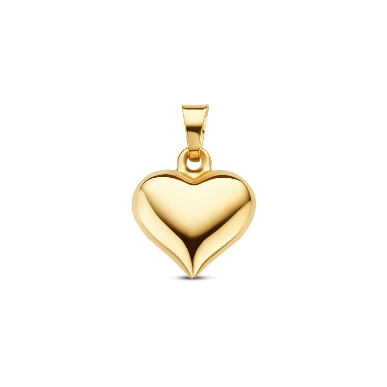 14k Geelgouden hanger uitgevoerd in de vorm van een hartje. De hanger heeft een totale hoogte van 1.6cm en een breedte van 11mm.