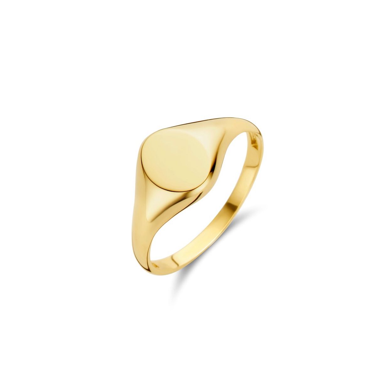 14k Geelgouden ovale graveerring. De ring heeft een breedte van 9mm.
