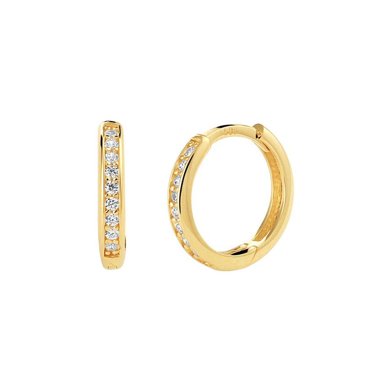 14k Geelgouden klapoorringen uitgevoerd met een schitterende diamant rij. De oorringen hebben een afmeting van 12.5x2mm.