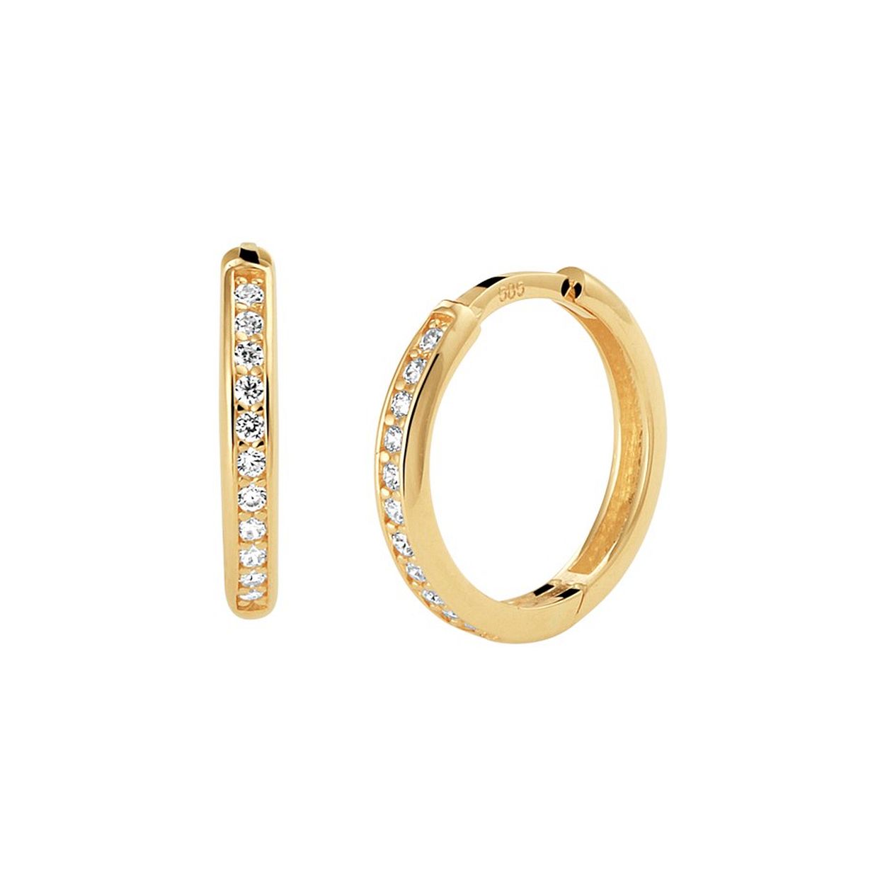 14k Geelgouden klapoorringen uitgevoerd met een schitterende diamant rij. De oorringen hebben een afmeting van 14x2mm.