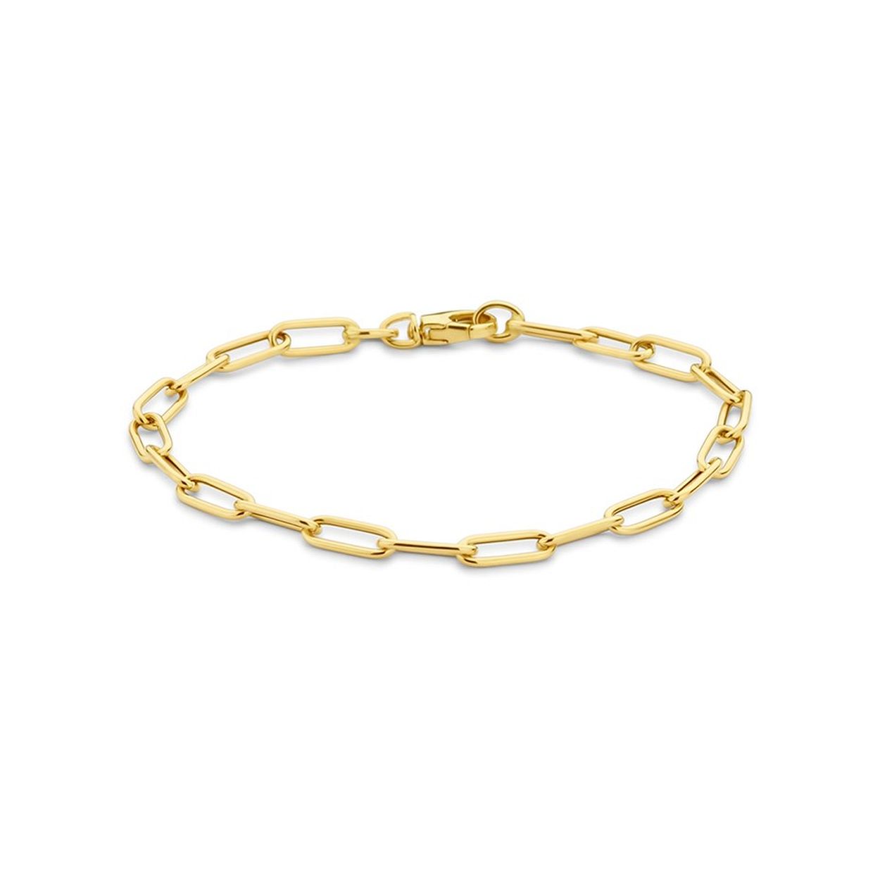 14k Geelgouden armband uitgevoerd met een paperclip schakel met een breedte van 4mm. De armband heeft een draaglengte van 18.5cm en een stevige karabijn sluiting.
