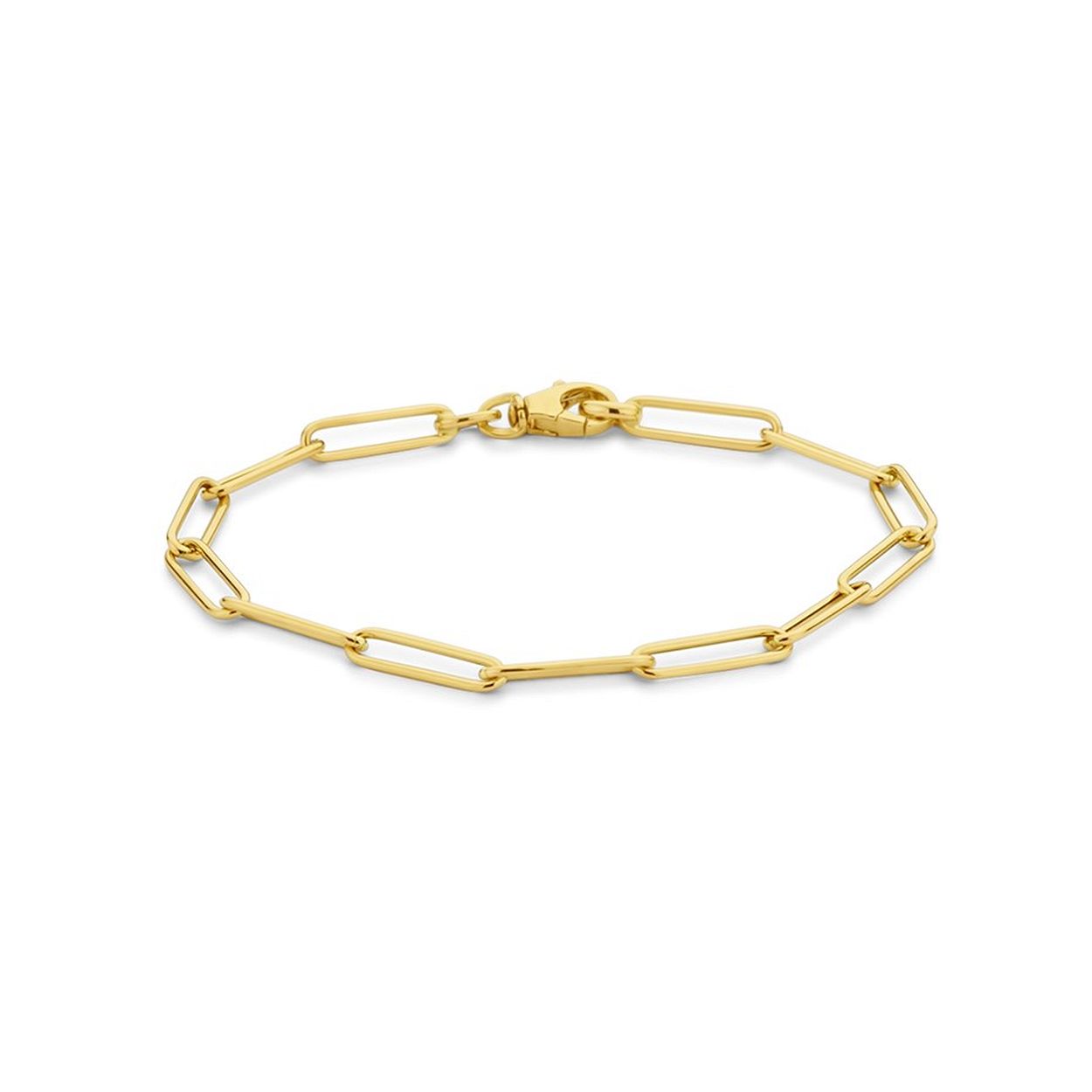 14k Geelgouden armband uitgevoerd met een paperclip schakel met een breedte van 4mm. De armband heeft een draaglengte van 18cm en een stevige karabijn sluiting.