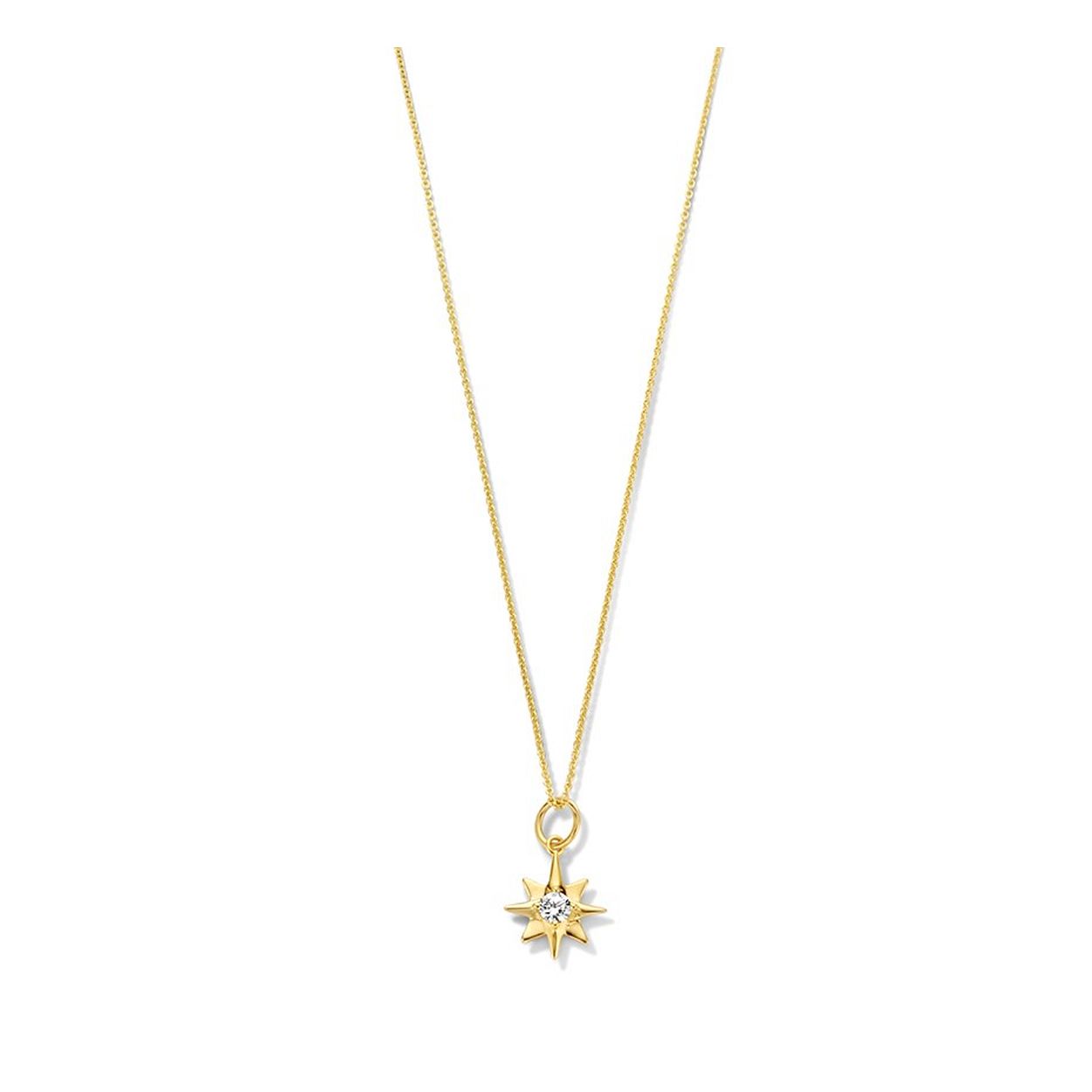 14k Geelgouden collier uitgevoerd met een hanger in de vorm van een poolster met daarin een schitterende zirkonia. Het collier heeft draaglengtes van 41, 43 en 45cm. De hanger heeft een afmeting van 11x9mm.