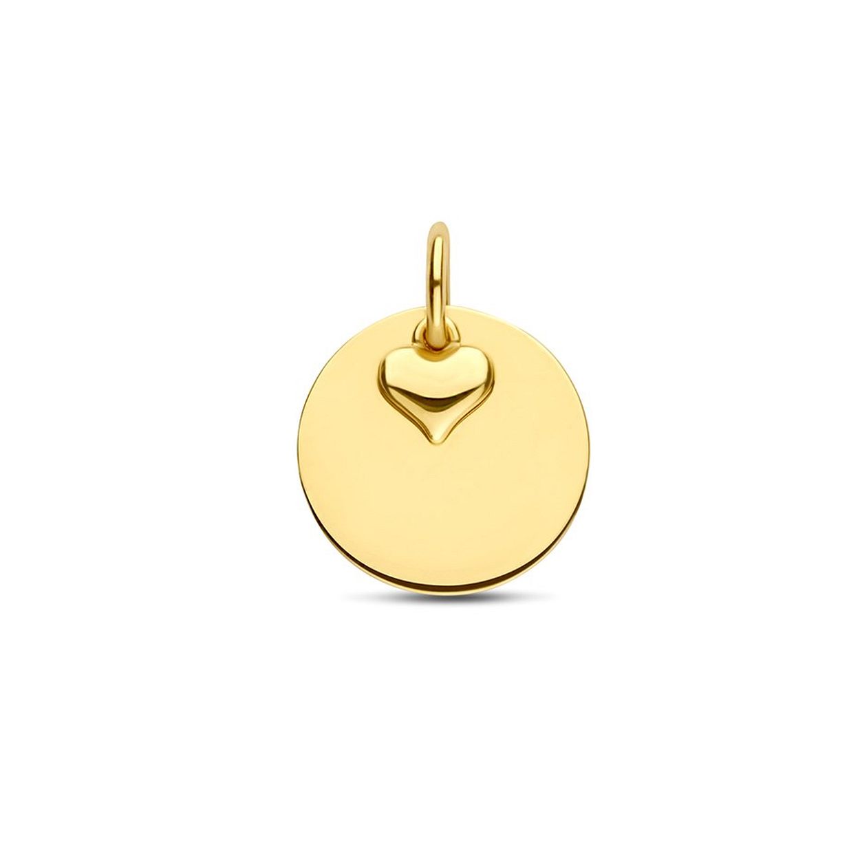14k Geelgouden graveerhanger uitgevoerd met een hartje. De hanger heeft een totale hoogte van 1.4cm en een diameter van 11.3mm. Het hartje heeft een afmeting van 4x4mm.