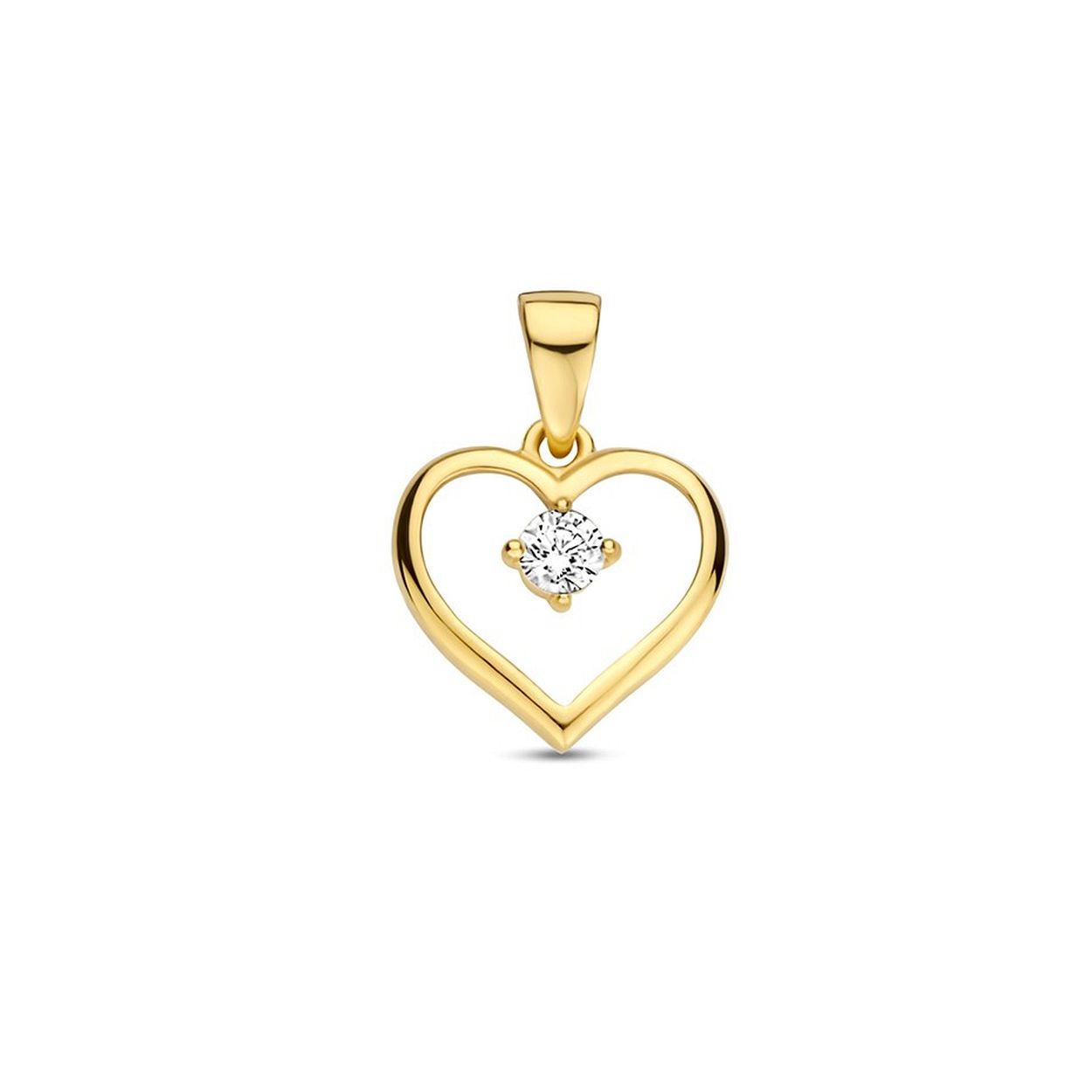 14k Geelgouden hanger uitgevoerd in de vorm van een hartje met daarin een heldere zirkonia. De hanger heeft een totale hoogte van 1.4cm en een breedte van 9.8mm.