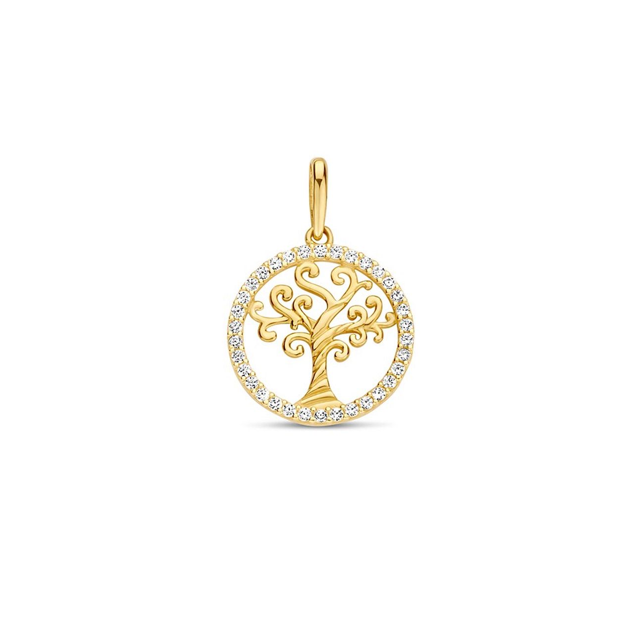 14 Karaat geelgouden hanger levensboom omringd met zirkonia's Diameter 13.5mm.