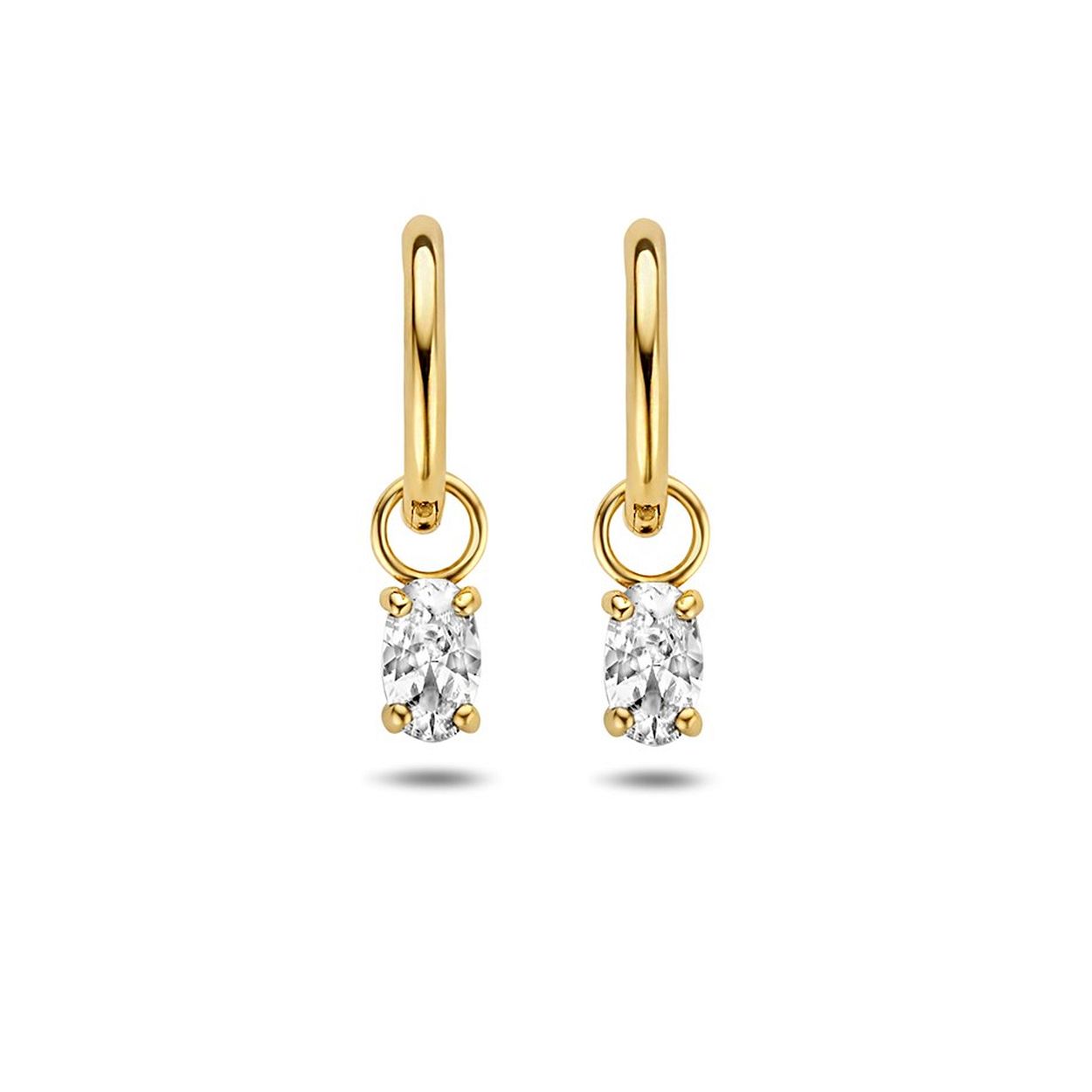 14k Geelgouden klapoorringen uitgevoerd met een hanger met daarin een heldere zirkonia. De klapoorringen hebben een diameter van 10mm en een dikte van 1.4mm. De hanger heeft een afmeting van 8x3mm.
