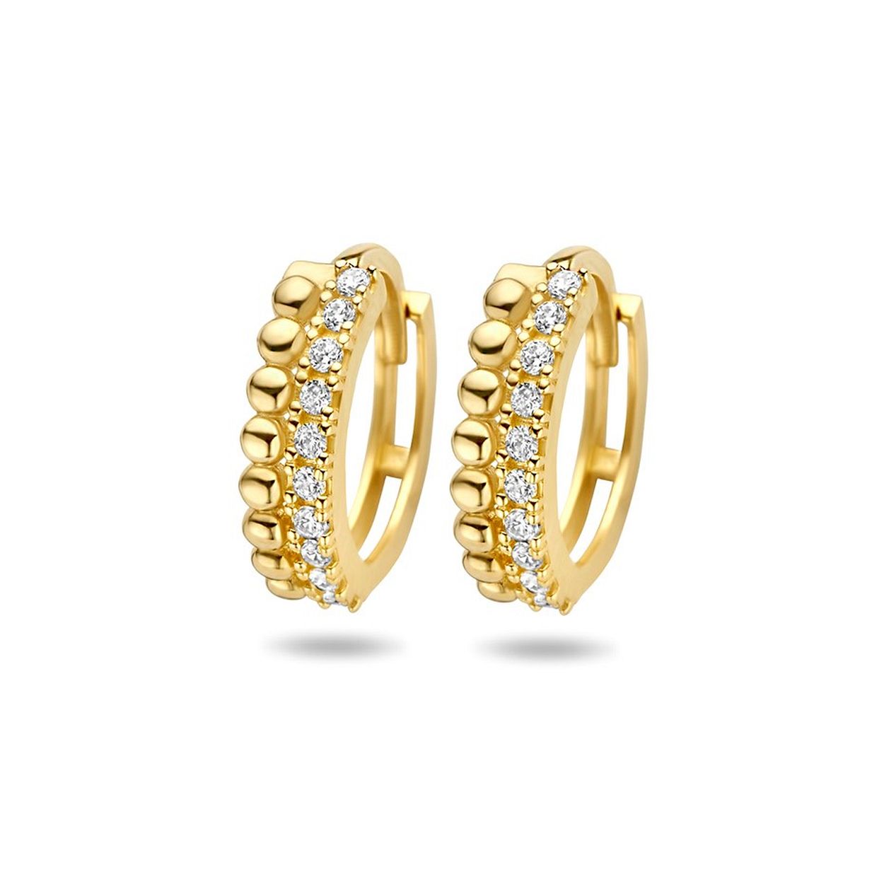 14k Geelgouden klapoorringen uitgevoerd met bolletjes en een schitterende zirkonia rij. De oorringen hebben een diameter van 13mm en een dikte van 3.5mm.