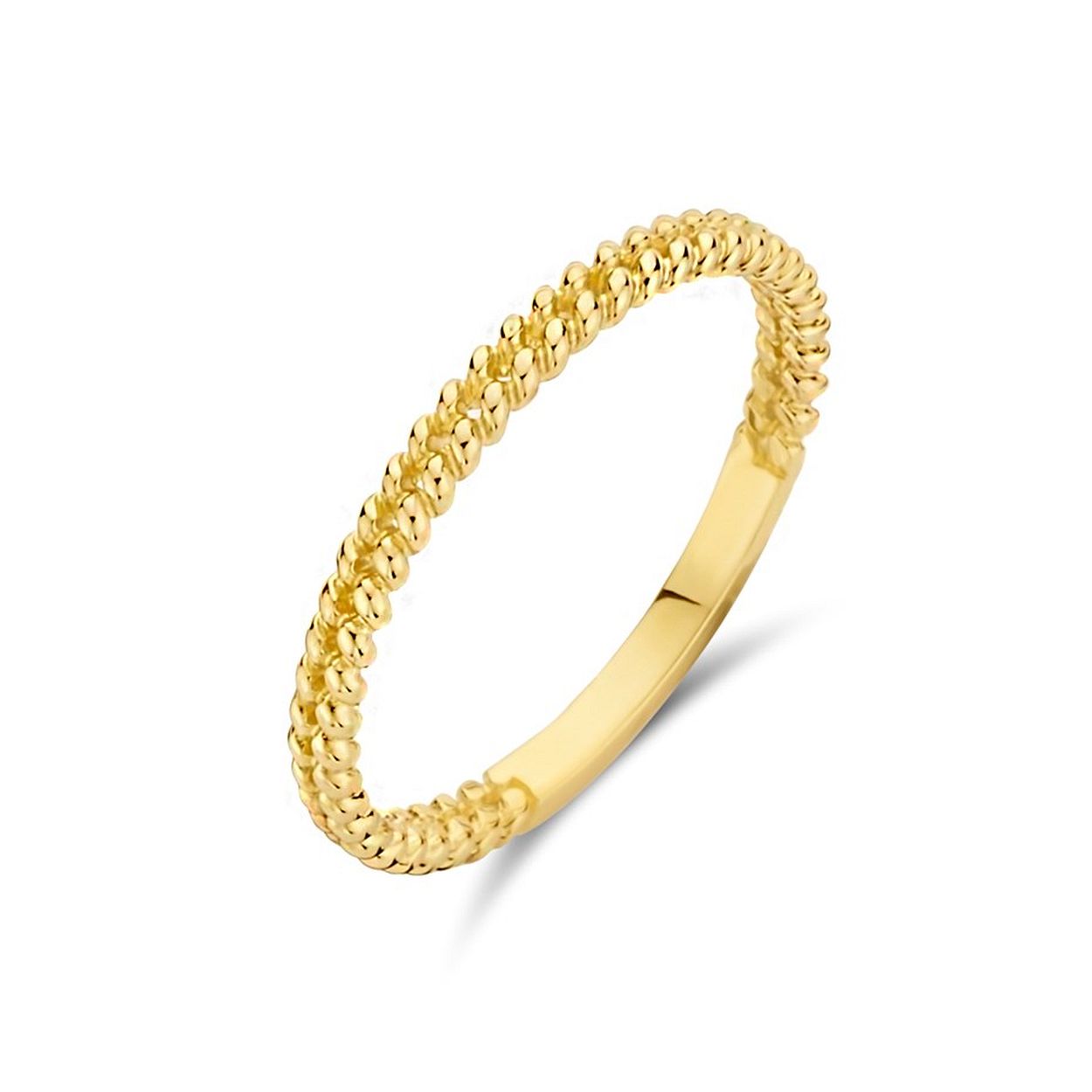 14k Geelgouden aanschuifring uitgevoerd met een schakelmotief. De ring heeft een breedte van 2mm.
