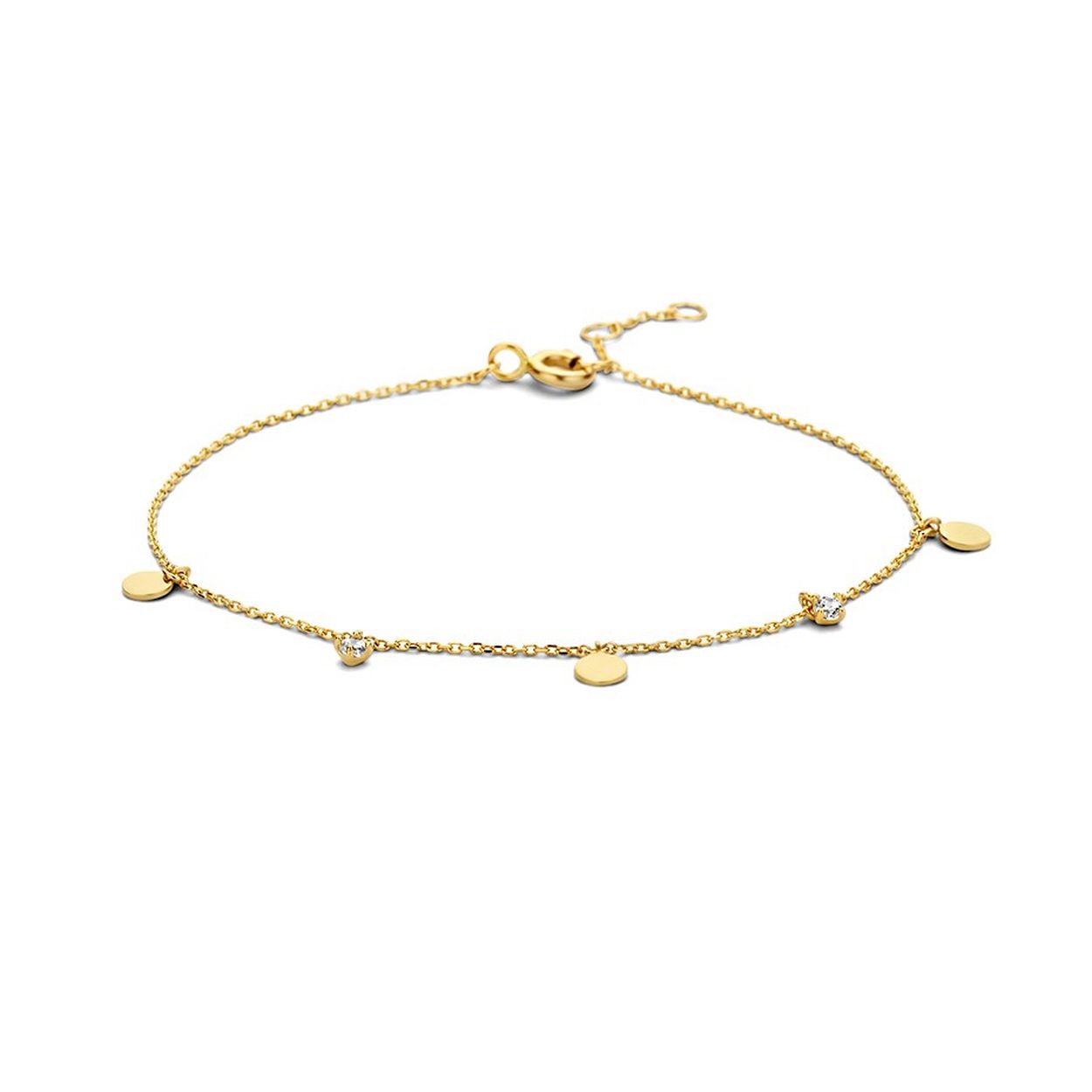 14k Geelgouden armband uitgevoerd met rondjes en zirkonia. De armband heeft draaglengtes van 16.5, 17.5 en 18.5cm.