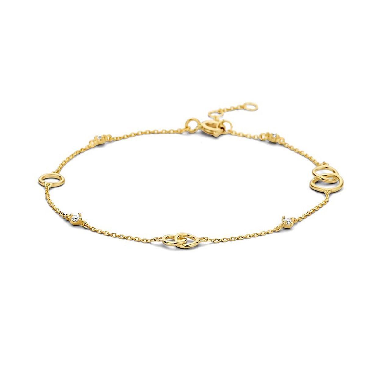 14k Geelgouden armband uitgevoerd met rondjes en zirkonia. De armband heeft een breedte van 4.5mm en draaglengtes van 16.5, 17.5 en 18.5cm. De schakelbreedte is 0.8mm.