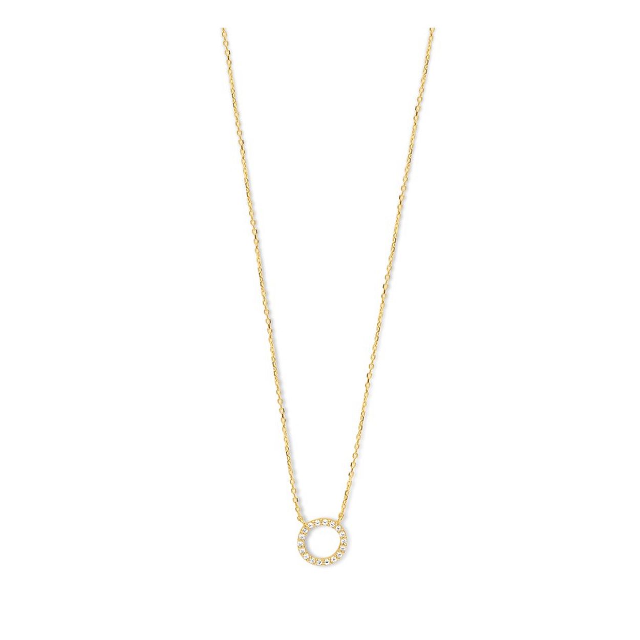 14k Geelgouden collier uitgevoerd met een ronde hanger met daarin een schitterende zirkonia rij. Het collier heeft draaglengtes van 40, 42 en 44cm. De hanger heeft een diameter van 8mm.