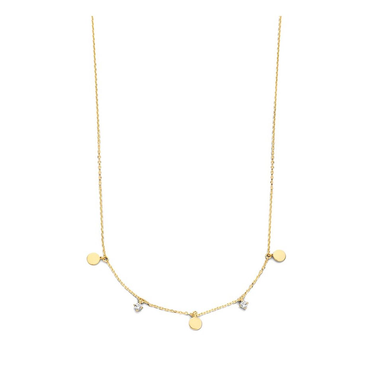 14k Geelgouden collier uitgevoerd met rondjes en zirkonia. Het collier heeft draaglengtes van 40, 42 en 44cm.