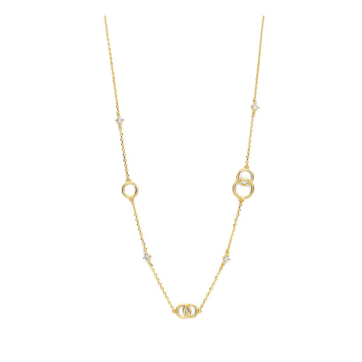 14k Geelgouden collier uitgevoerd met rondjes en zirkonia. Het collier heeft een breedte van 6.4mm en draaglengtes van 40, 42 en 44cm.