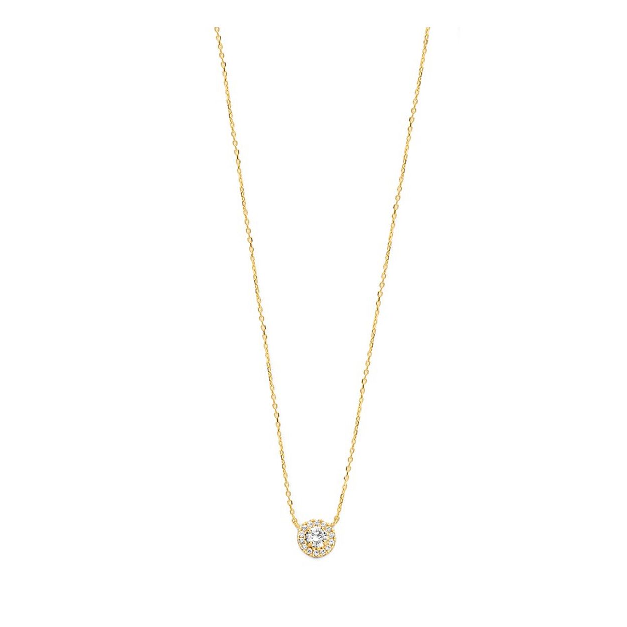 14k Geelgouden collier uitgevoerd met een ronde hanger met daarin een schitterend zirkonia rozet. Het collier heeft draaglengtes van 40, 42 en 44cm. De hanger heeft een diameter van 6.3mm.