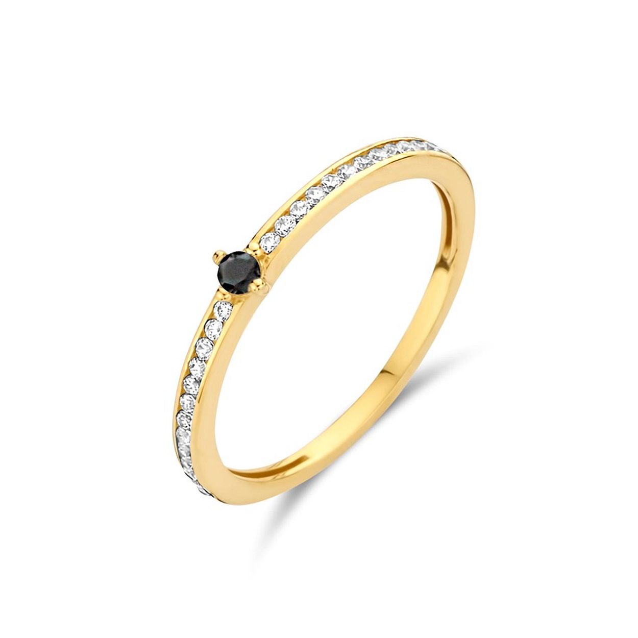 14k Geelgouden ring uitgevoerd met een schitterende zirkonia rij van zwart en wit zirkonia. De ring heeft een breedte van 3mm.