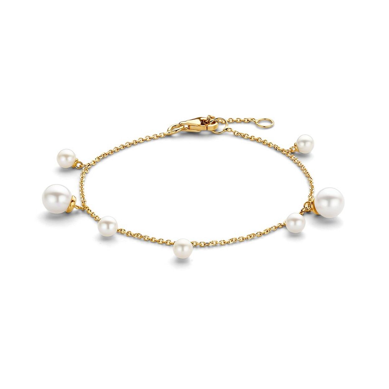 14k Geelgouden armband uitgevoerd met schitterende parels. De armband heeft draaglengtes van 17 en 19cm en een stevige karabijn sluiting. De parels hebben een diameter van 4.5 en 6.5mm.
