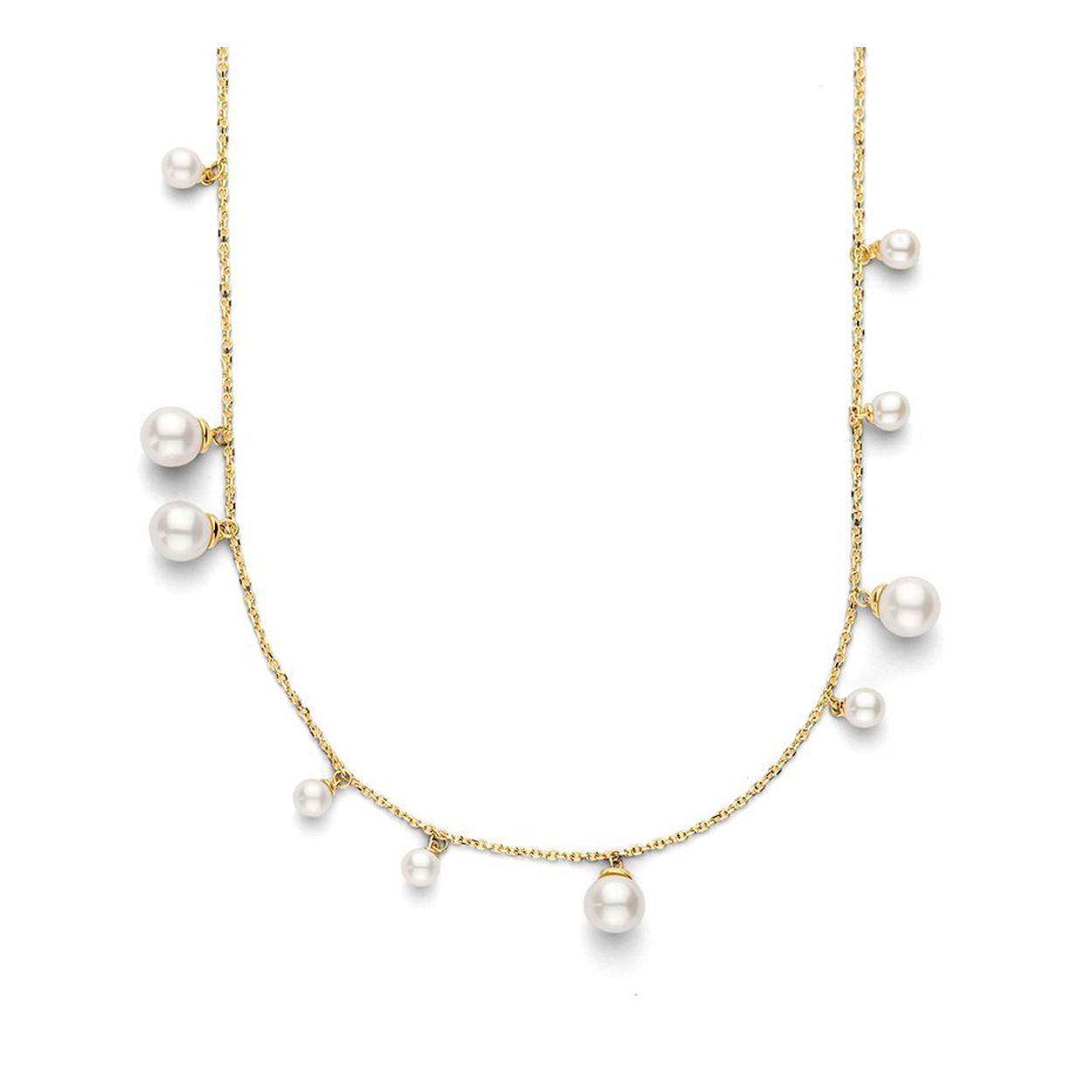 14k Geelgouden collier uitgevoerd met schitterende parels. Het collier heeft draaglengtes van 42 en 45cm en een stevige karabijn sluiting. De parels hebben een diameter van 4.5 en 6.5mm.