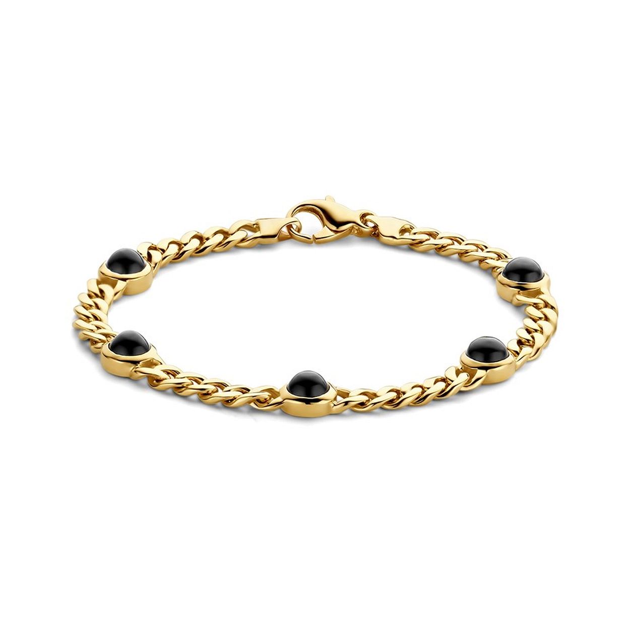 14kt. Geelgouden armband uitgevoerd met schitterend onyx en een stevige karabijn sluiting. De armband heeft een breedte van 7.5mm en een draaglengte van 19cm.