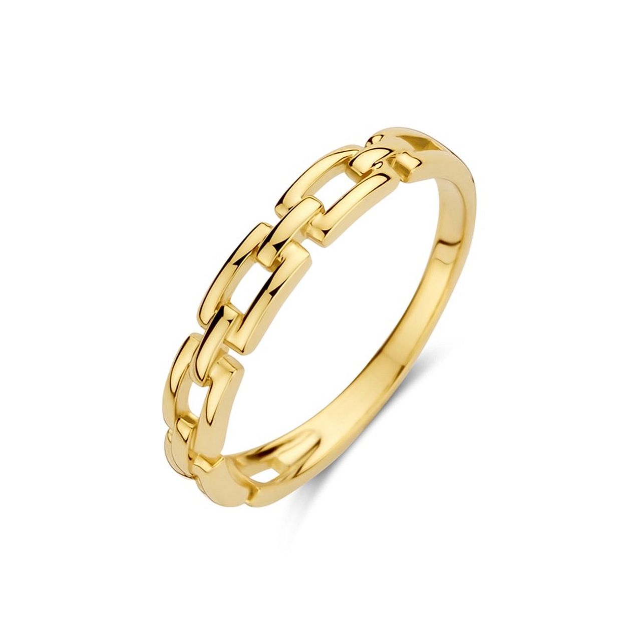 14k Geelgouden ring uitgevoerd met een schakelmotief. De ring heeft een breedte van 3mm.