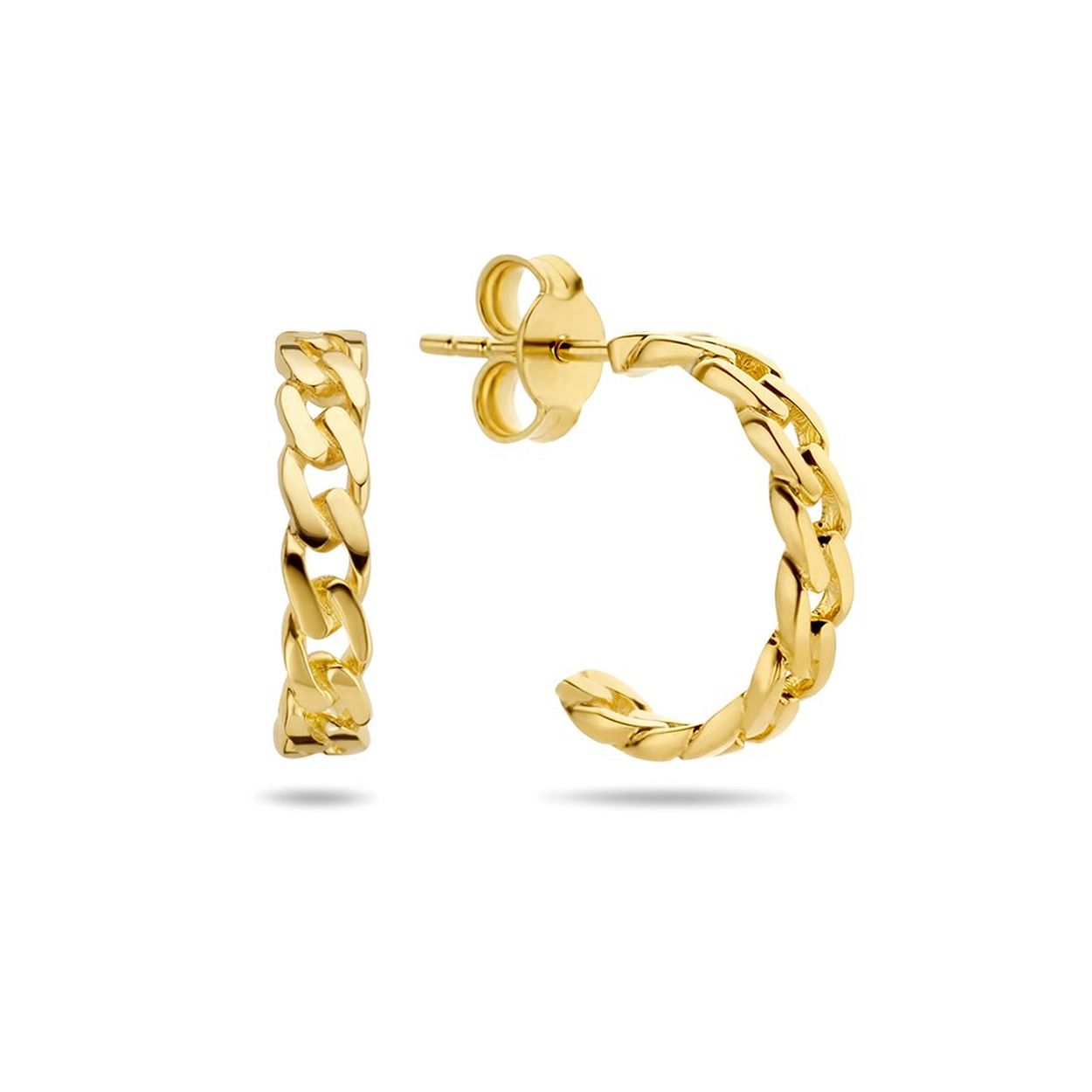 14k Geelgouden stekeroorringen uitgevoerd met een schakelmotief. De oorstekers hebben een afmeting van 14.5x3mm.