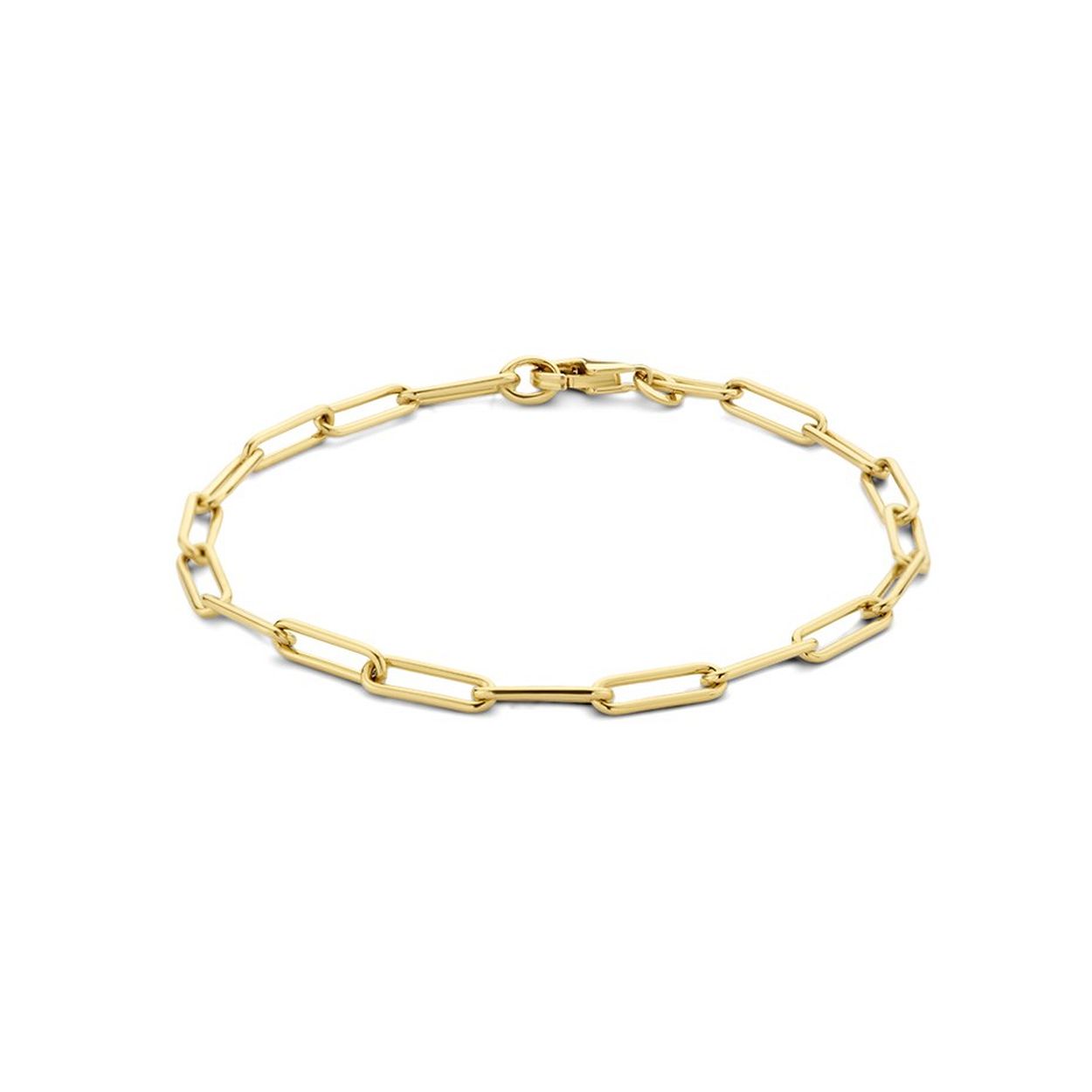 14k Geelgouden armband uitgevoerd met een paperclip schakel en een karabijnslot. De armband heeft een draaglengte van 19.5cm.