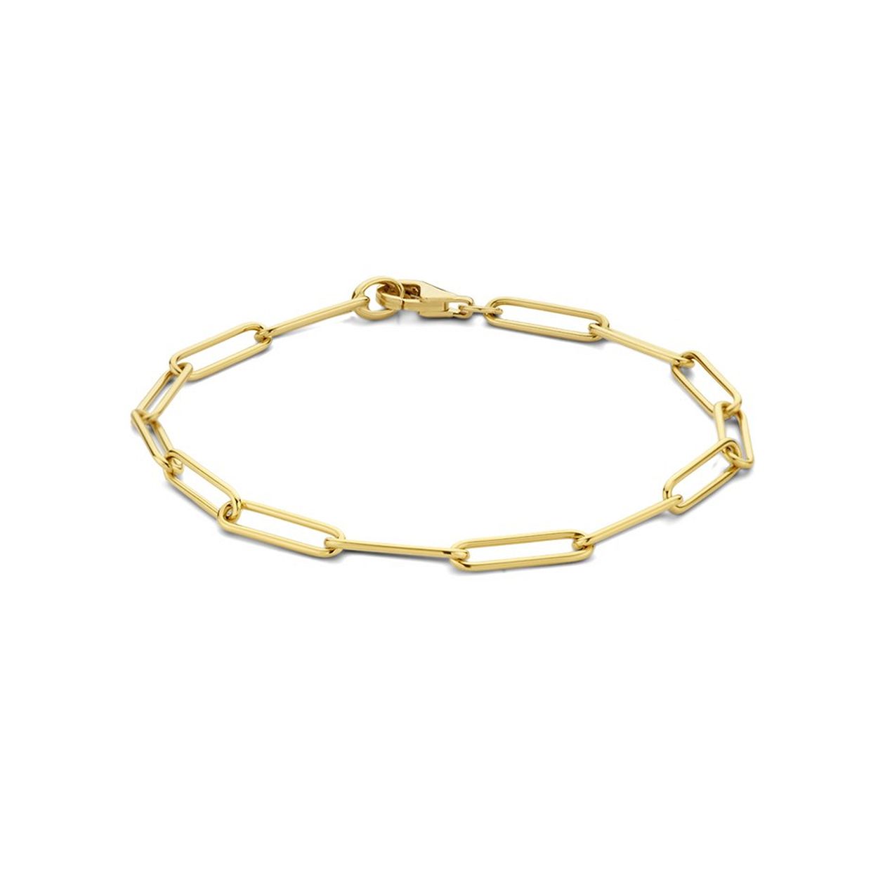14k Geelgouden armband uitgevoerd met een paperclip schakel en een karabijnslot. De armband heeft een draaglengte van 19cm.