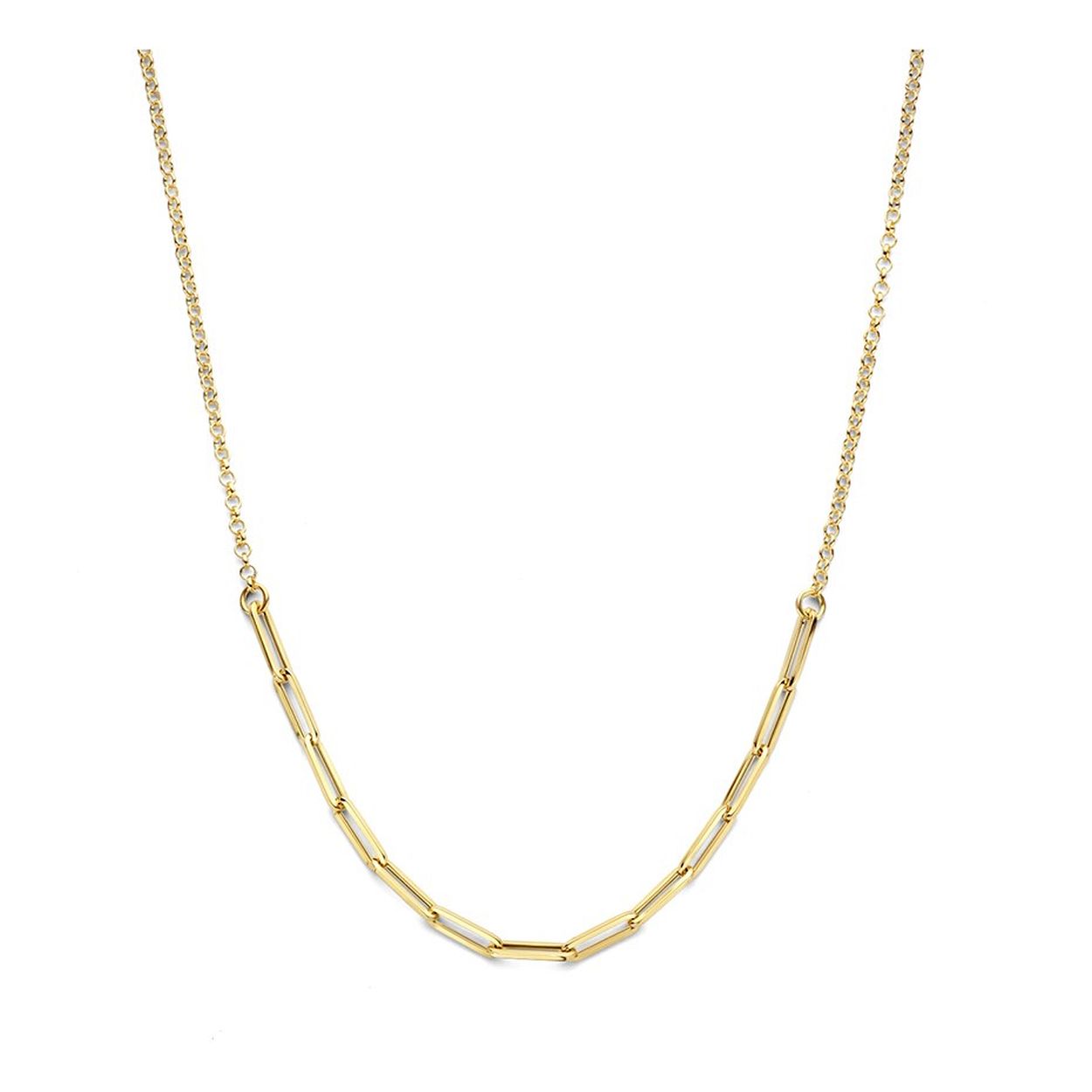14k Geelgouden collier met een paperclip schakel van 2.8mm en een jasseron schakel van 2mm. Het collier heeft draaglengtes van 43 en 45cm. Uitgevoerd met een karabijnslot.
