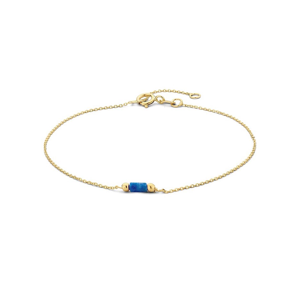 14k Geelgouden armband uitgevoerd met lapis. De armband heeft een breedte van 2.3mm en draaglengtes van 16 en 18 cm.