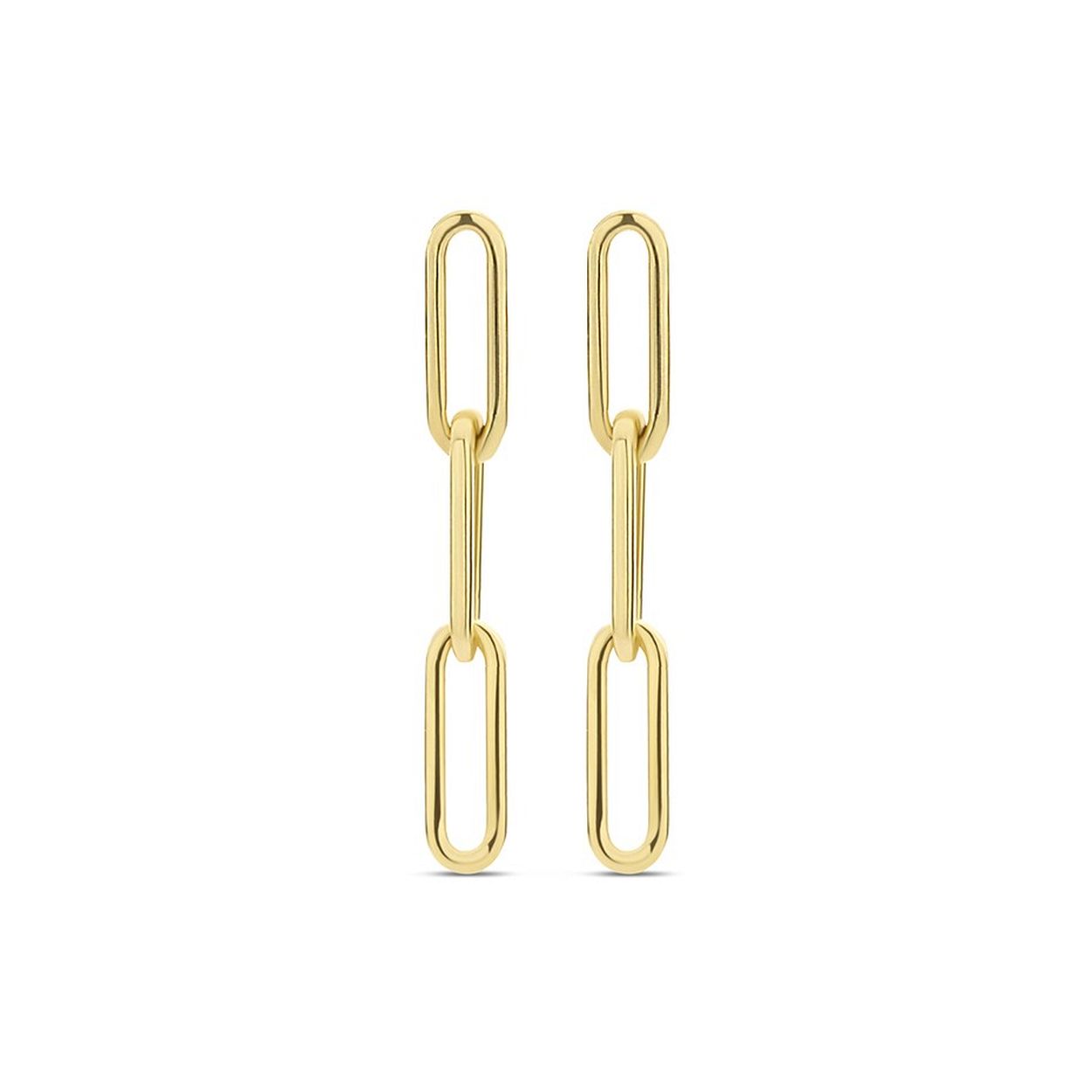 14k Geelgouden oorhangers uitgevoerd met een schakelmotief. De oorhangers hebben een afmeting van 20x3mm.