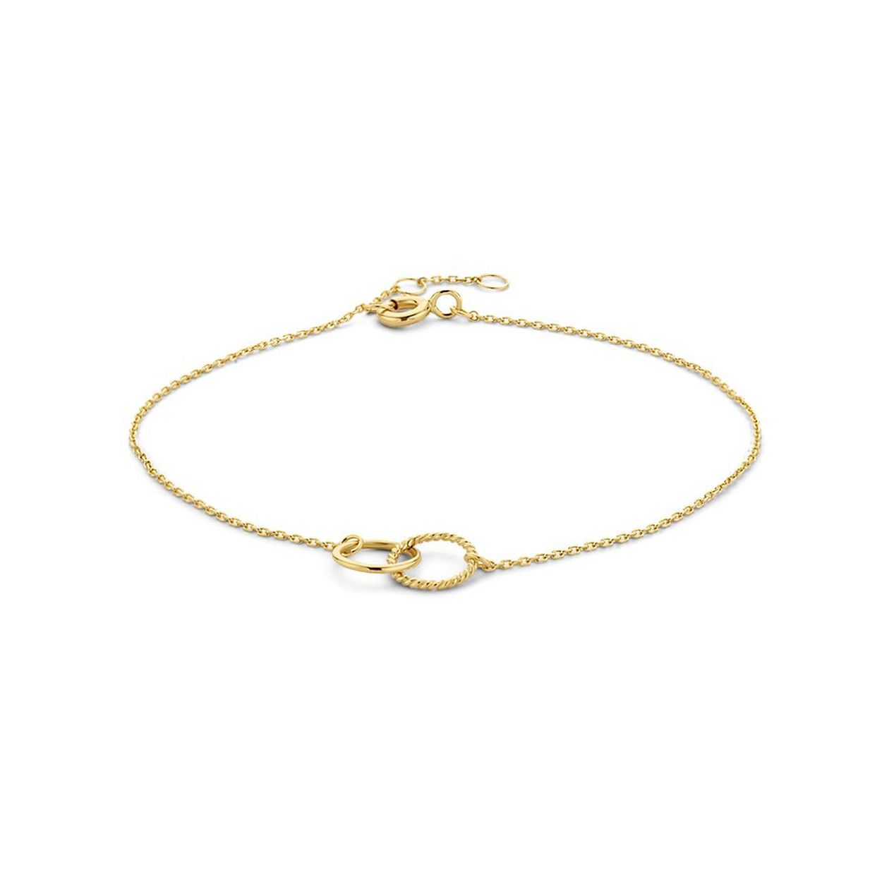 14k Geelgouden armband uitgevoerd met twee rondjes met een diameter van 7.5 mm. De armband heeft draaglengtes van 16.5, 17.5 en 18.5cm.