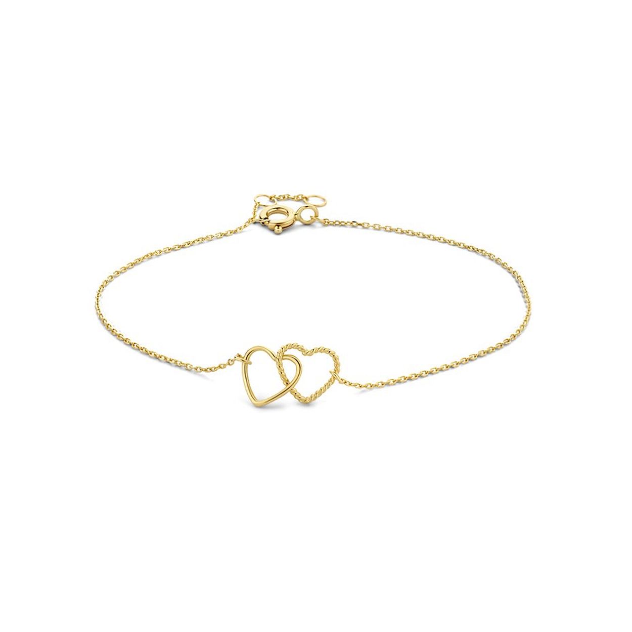 14k Geelgouden armband uitgevoerd met twee hartjes. De armband heeft draaglengtes van 16.5, 17.5 en 18.5cm. De hartjes hebben een afmeting van 7x8mm.