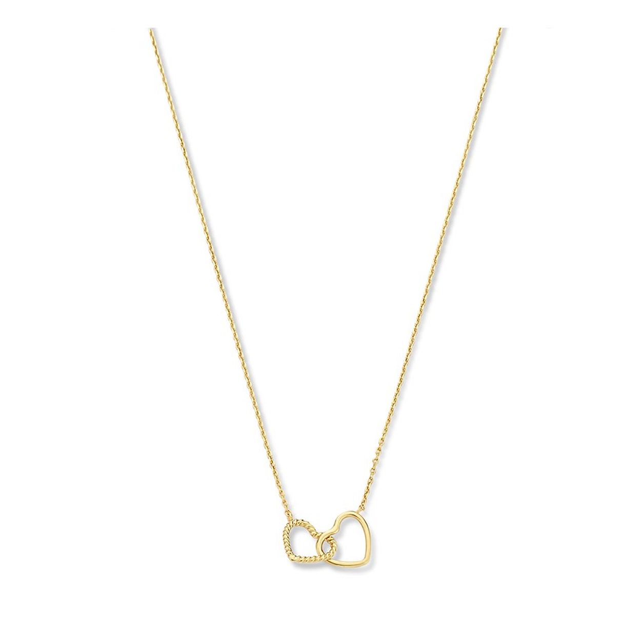 14k Geelgouden collier uitgevoerd met twee hartjes. Het collier heeft draaglengtes van 40, 42 en 44cm. 