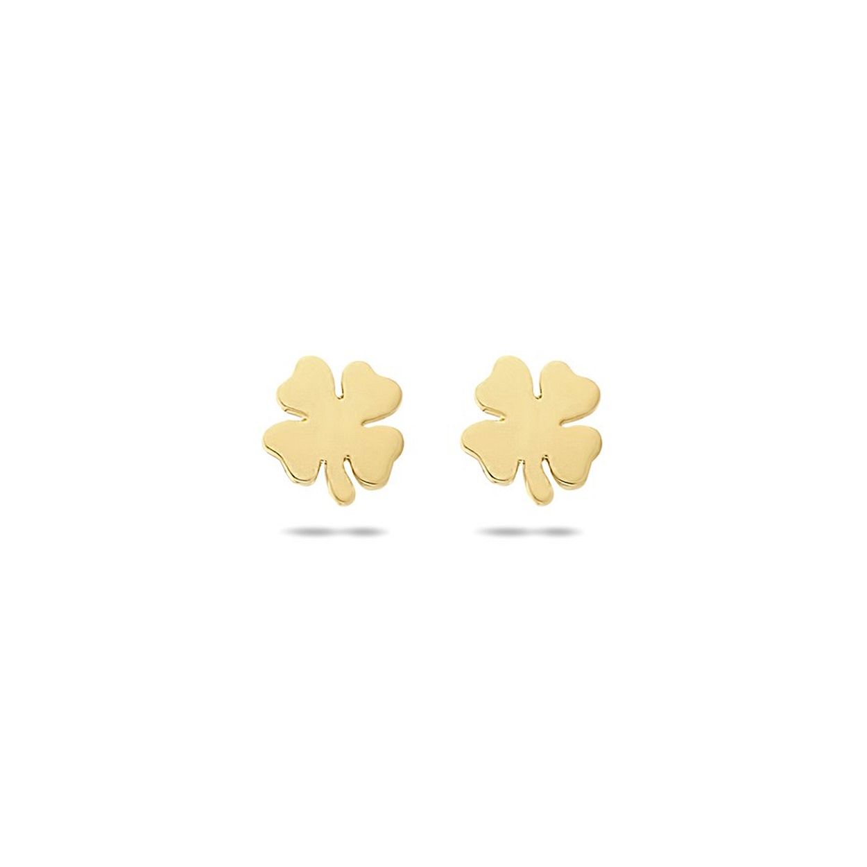 14k Geelgouden oorknoppen in de vorm van een klavertje. De oorknoppen hebben een afmeting van 4x4mm.