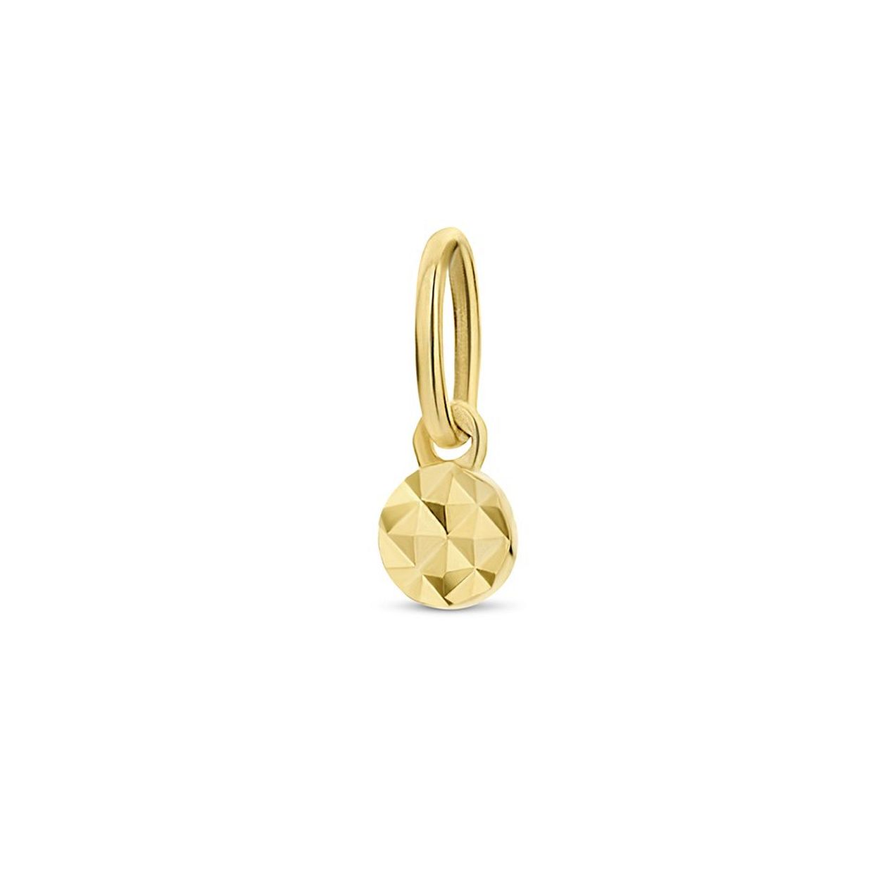 14k Geelgouden hanger uitgevoerd met een rondje met een gediamanteerde afwerking. De hanger heeft een totale hoogte van 8mm en een breedte van 3mm.