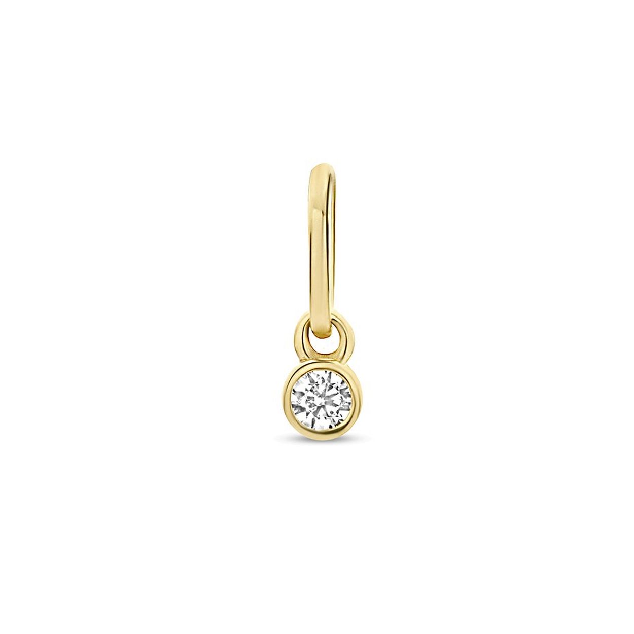 14k Geelgouden hanger uitgevoerd met een schitterende zirkonia. De hanger heeft een totale hoogte van 7mm en een breedte van 2mm.