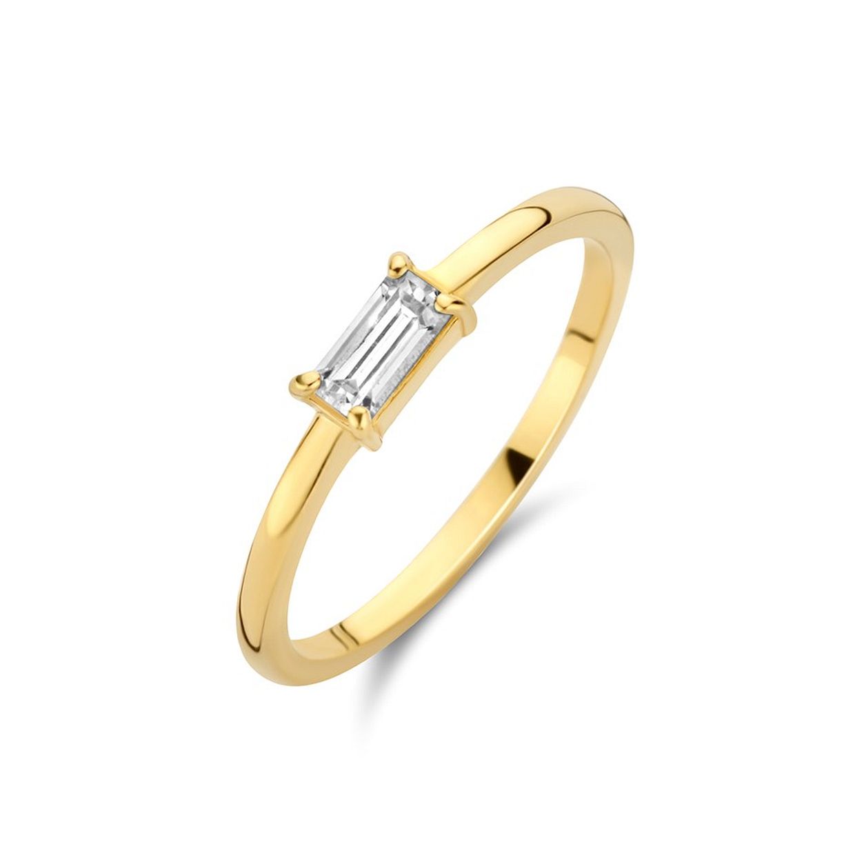 14k Geelgouden ring uitgevoerd met een schitterende zirkonia. De ring heeft een breedte van 3mm.