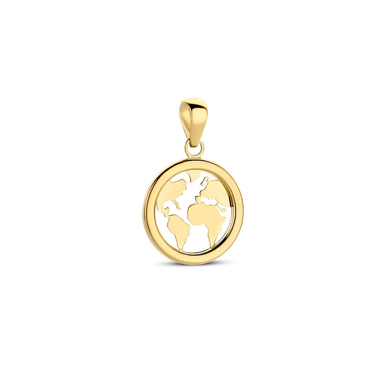 14k Geelgouden hanger uitgevoerd in de vorm van een wereldbol. De hanger heeft een totale hoogte van 1.7cm en een diameter van 11mm.