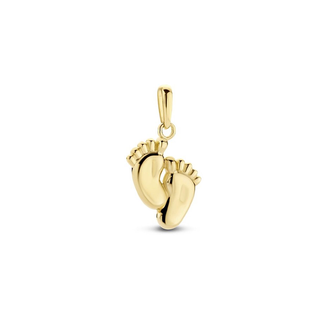 14k Geelgouden hanger uitgevoerd met baby voetjes. De hanger heeft een totale hoogte van 1.8cm en een breedte van 10.5mm.