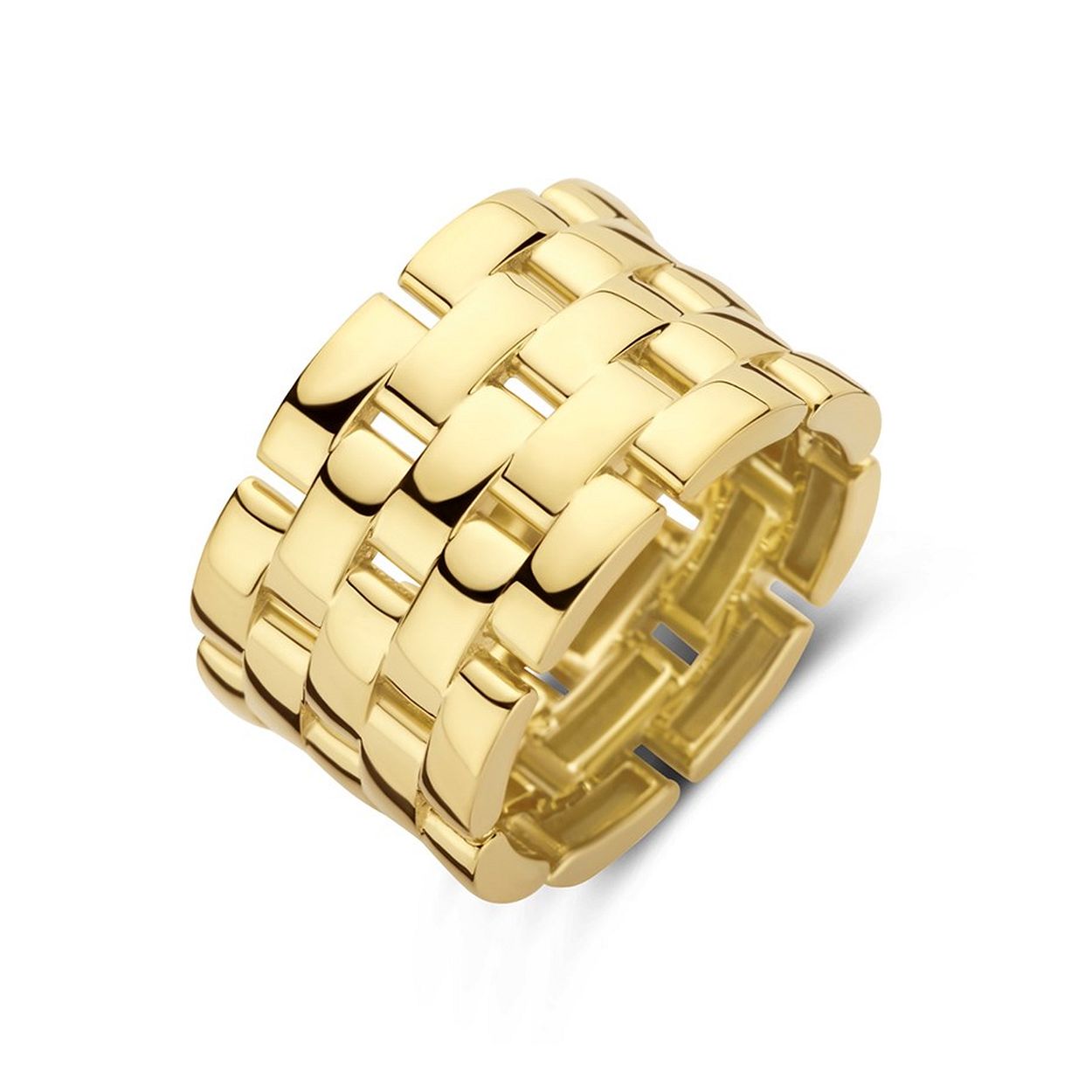 14kt. Geelgouden ring uitgevoerd in schakelvorm. De ring heeft een breedte van 12mm.