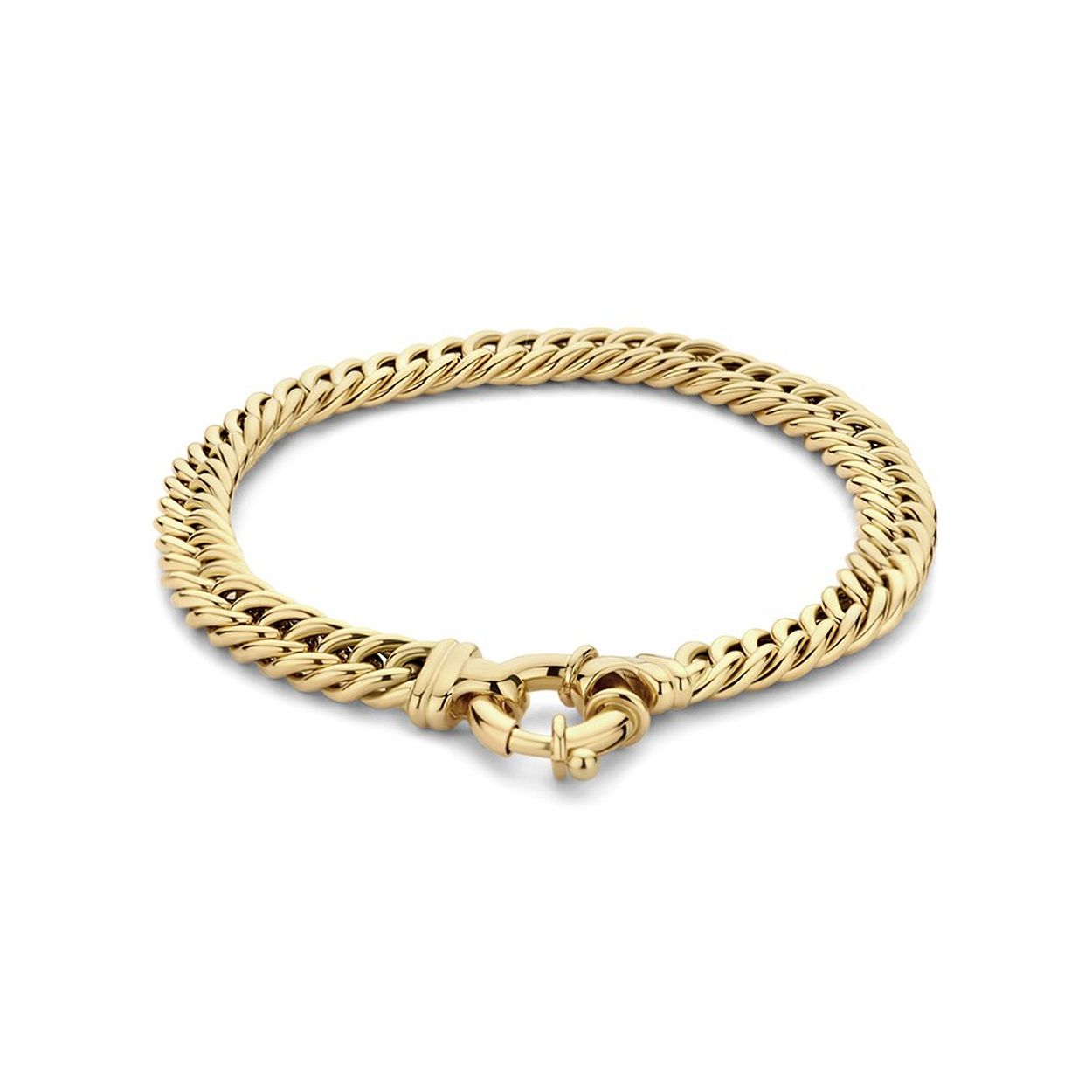 14k Geelgouden gourmet armband met een schakelbreedte van 6.7mm. De armband heeft een draaglengte van 19cm en is uitgevoerd met een groot veerslot.