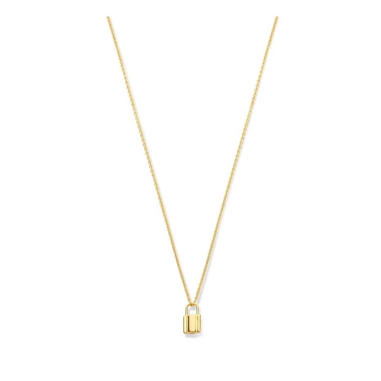 14k Geelgouden collier uitgevoerd met een hangertje in de vorm van een slot. Het collier heeft draaglengtes van 40, 42 en 44cm. Het hangertje heeft een afmeting van 9x5mm.