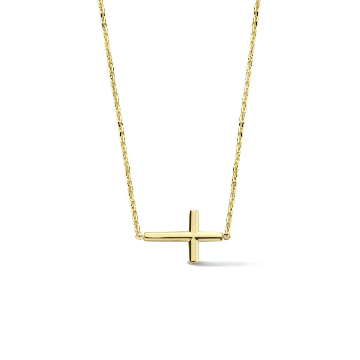 14k Geelgouden collier uitgevoerd met een hanger in de vorm van een kruis. Het collier heeft een draaglengte van 42cm met een extensie van 3cm.