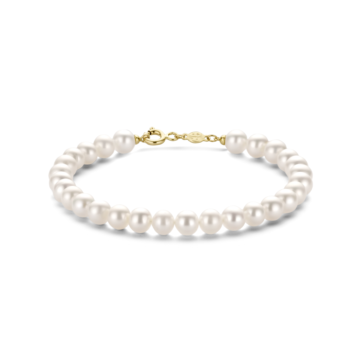 14k Geelgouden armband met zoetwaterparels van 6mm. De armband heeft een draaglengte van 19cm.