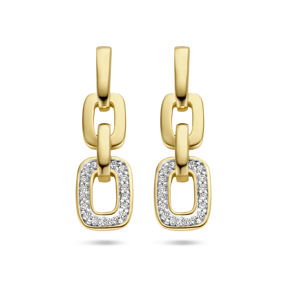 14k Geelgouden oorhangers met een totale hoogte van 23mm. Uitgevoerd met schitterende diamanten.