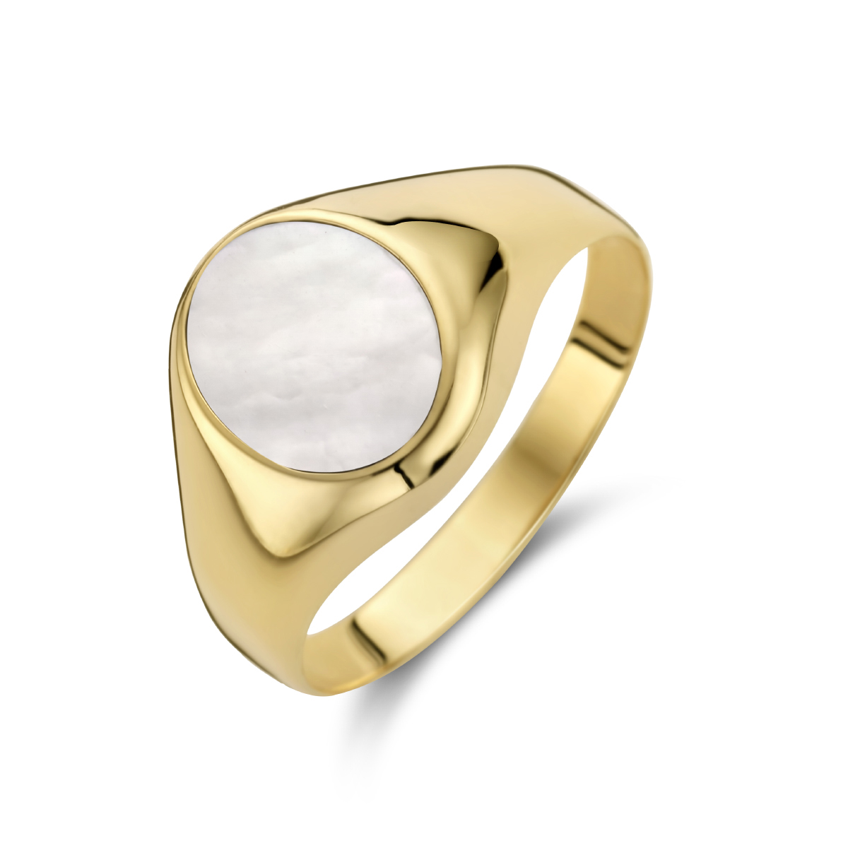 14k Geelgouden ring uitgevoerd met een schitterende parelmoer.