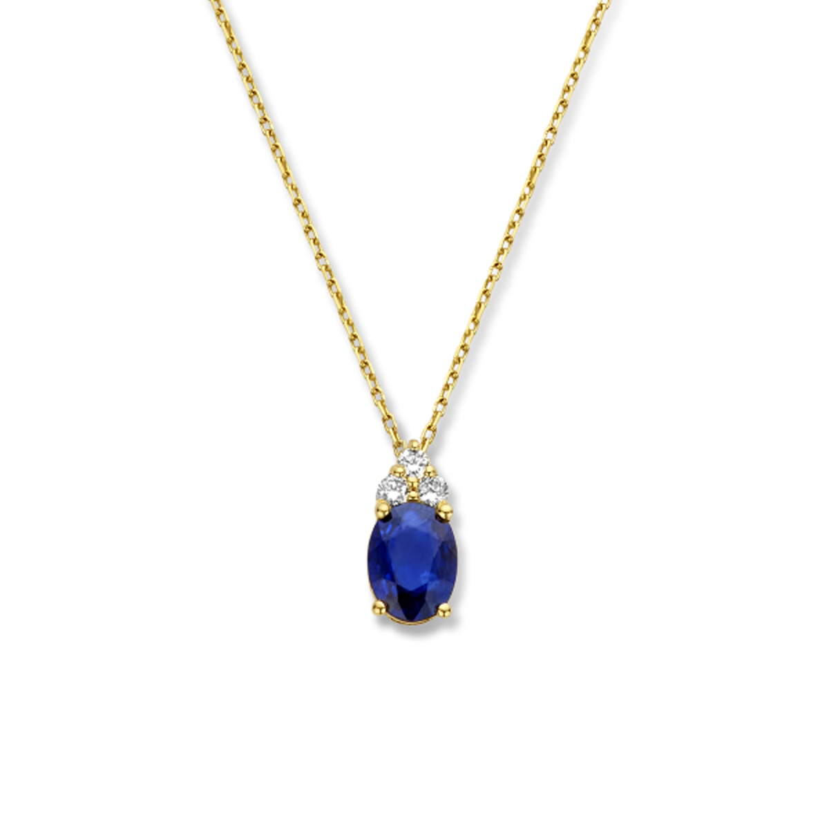 14k Geelgouden collier met saffier en schitterende diamanten. De saffier heeft een steengewicht van 1.00ct. Het collier heeft een draaglengte van 42cm en een extensie van 3cm.