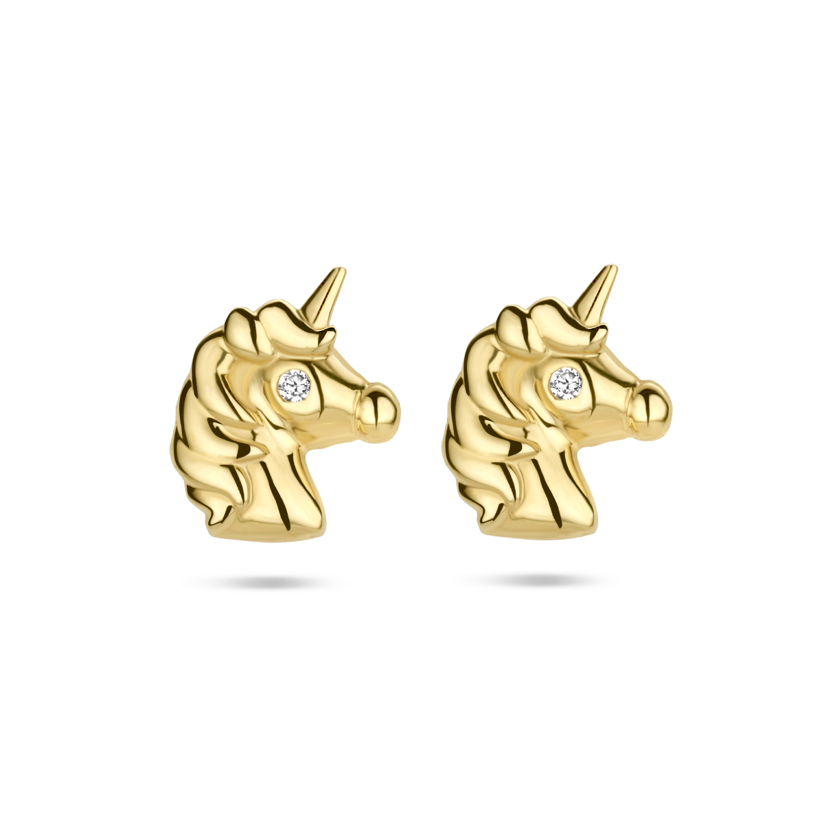 14k Geelgouden oorknoppen met een eenhoorn voorstelling.