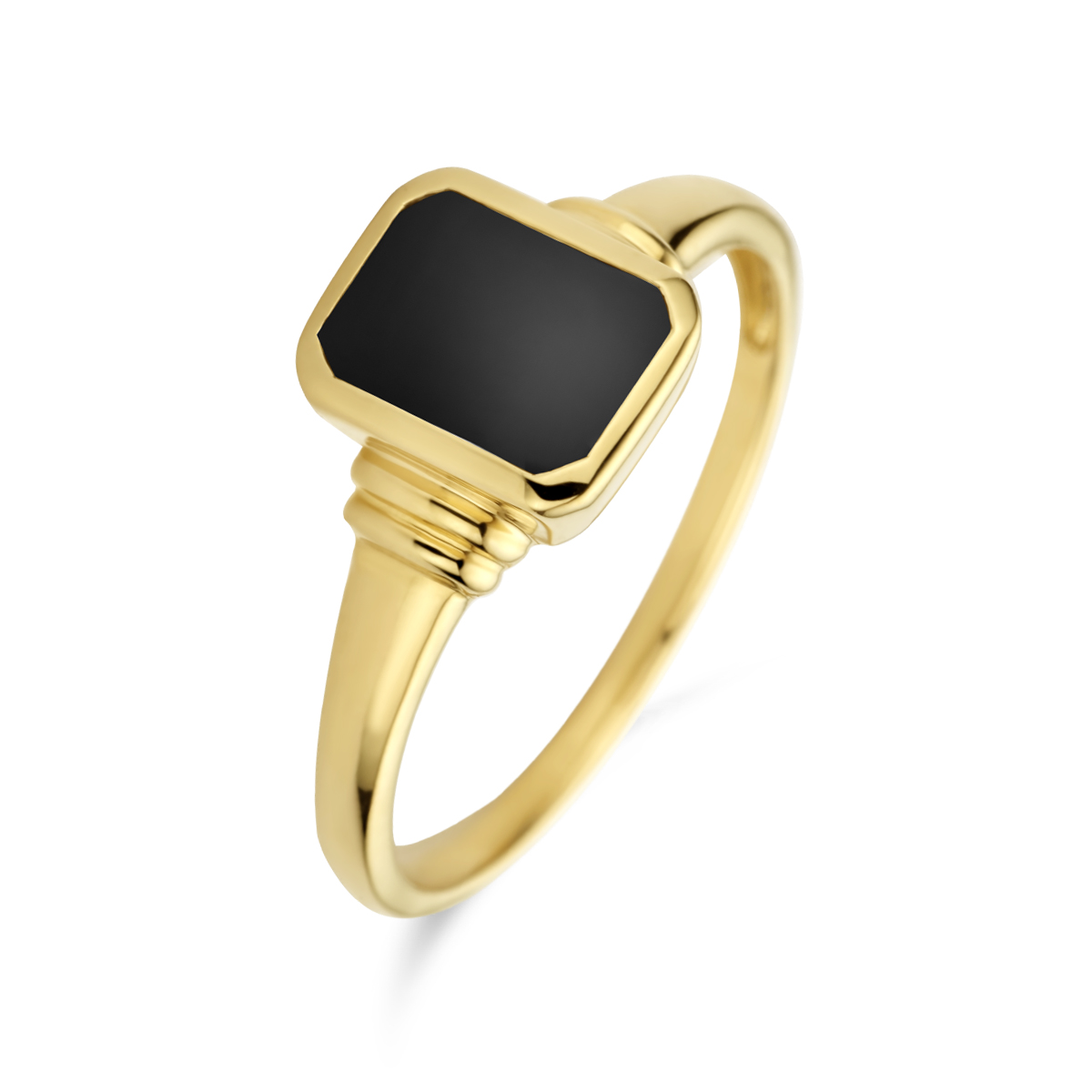 14k Geelgouden ring uitgevoerd met onyx. De ring heeft een breedte van 9mm. De onyx heeft een steengewicht van 1.00ct.
